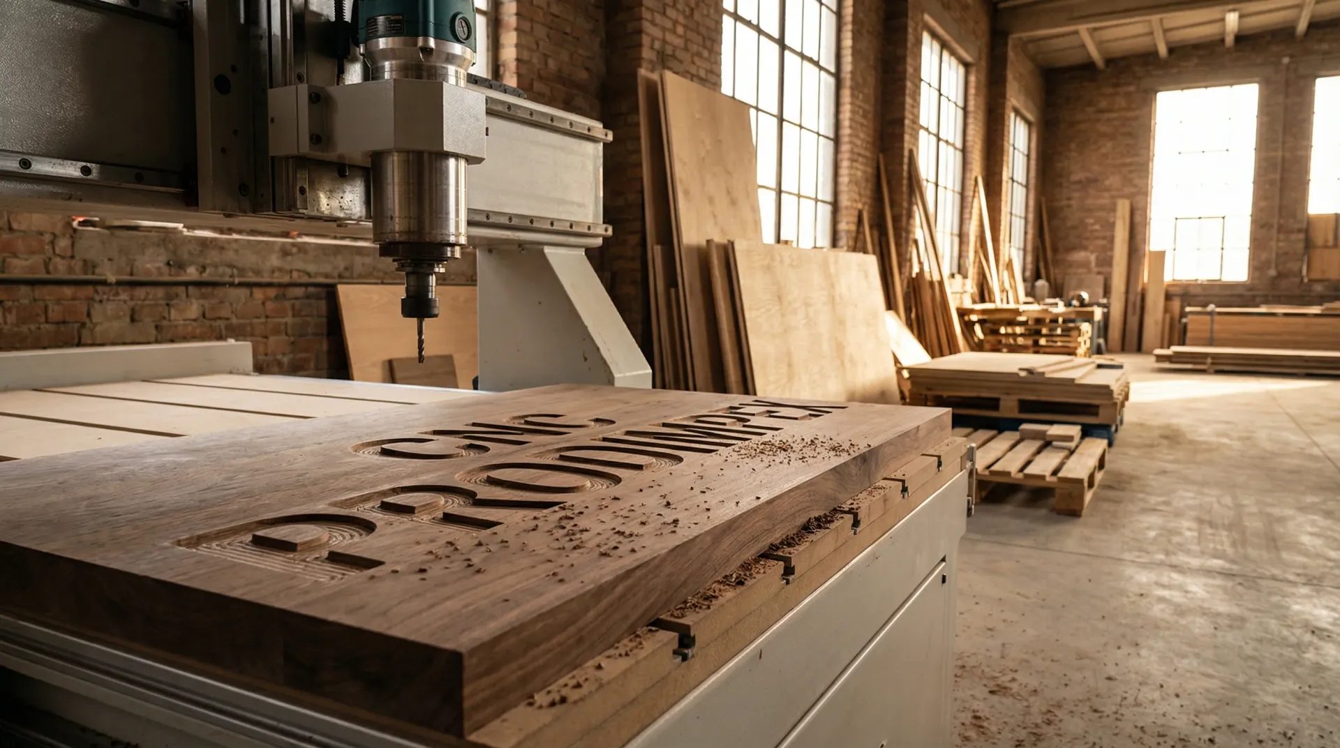 Router CNC industrial gravând logo CNC Prodimpex în lemn masiv de nuc